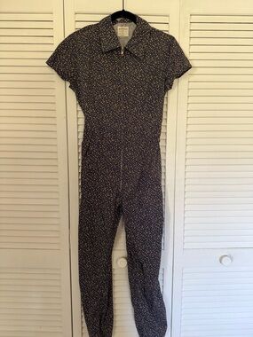 Anthropologie Navy Floral Short-Sleeve Zip Front Jumpsuit
